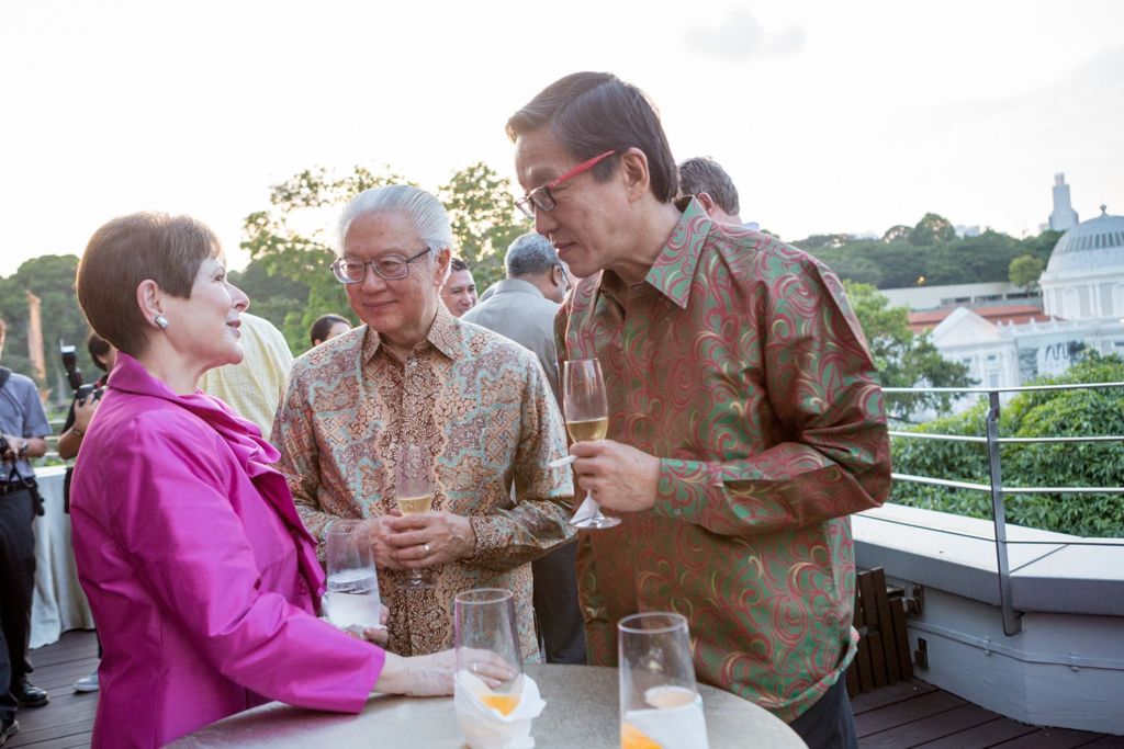 Miniature of Former President of SMU Janice Bellace and Chairman Ho Kwon Ping chatting with SMU Patron President Tony Tan at the 2015 Patron's Day Celebrations