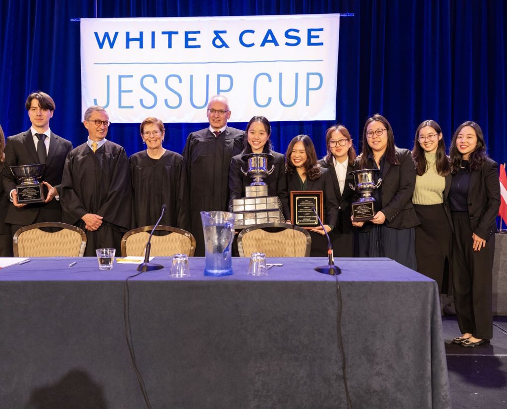 Miniature of Victorious SMU team with the judges of the 2025 Jessup moot