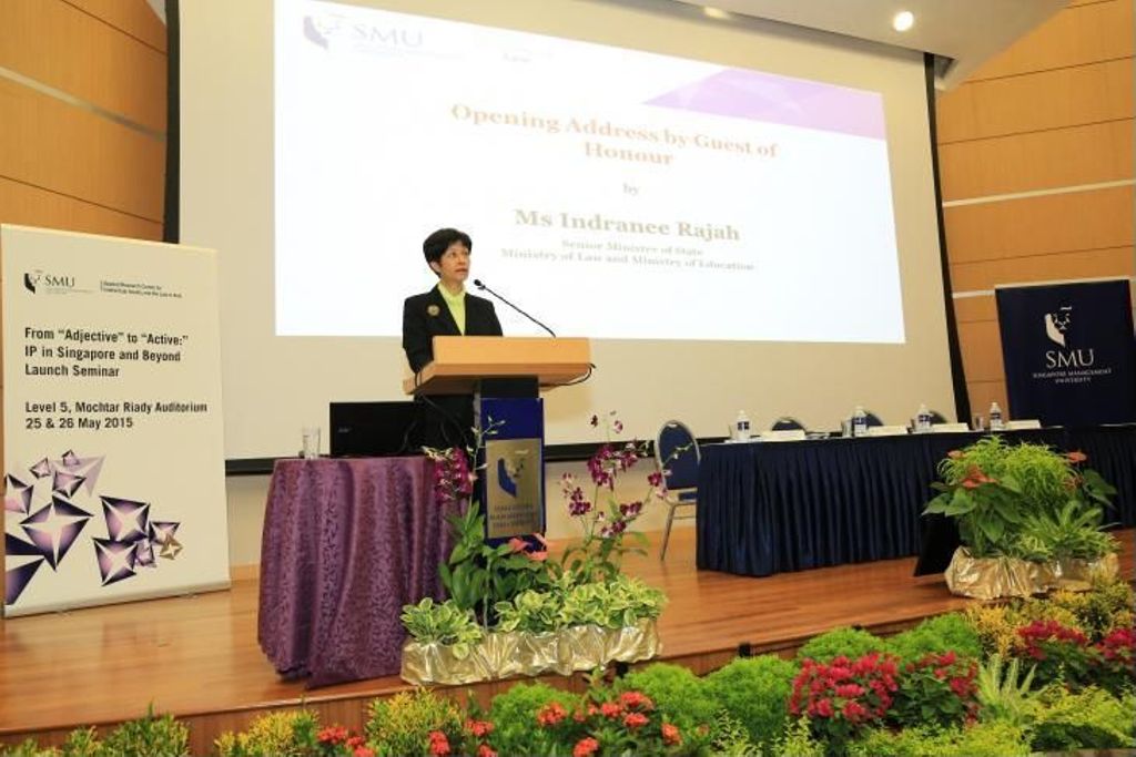 Miniature of Ms Indranee Rajah, Singapore’s Senior Minister of State for Law & Education, graced the launch of the new Applied Research Centre for Intellectual Assets & the Law in Asia (ARCIALA) at SMU